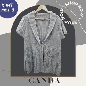 CANDA Germany Grey Wool Knit Ribbed Cable Short Sleeve Cardigan Sweater XL